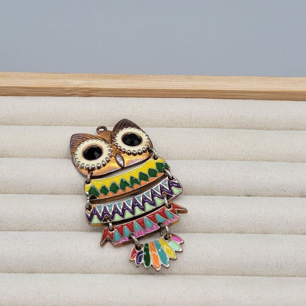 Vintage Articulated Owl Bird Pendant Only Enamel Big Eyes Multicolored